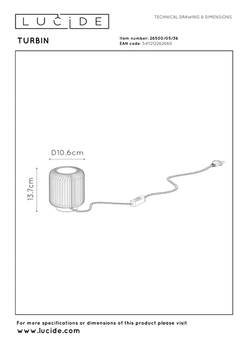 Lucide TURBIN - Lampe de table - Ø 10,6 cm - LED - 1x5W 3000K - Gris - technique